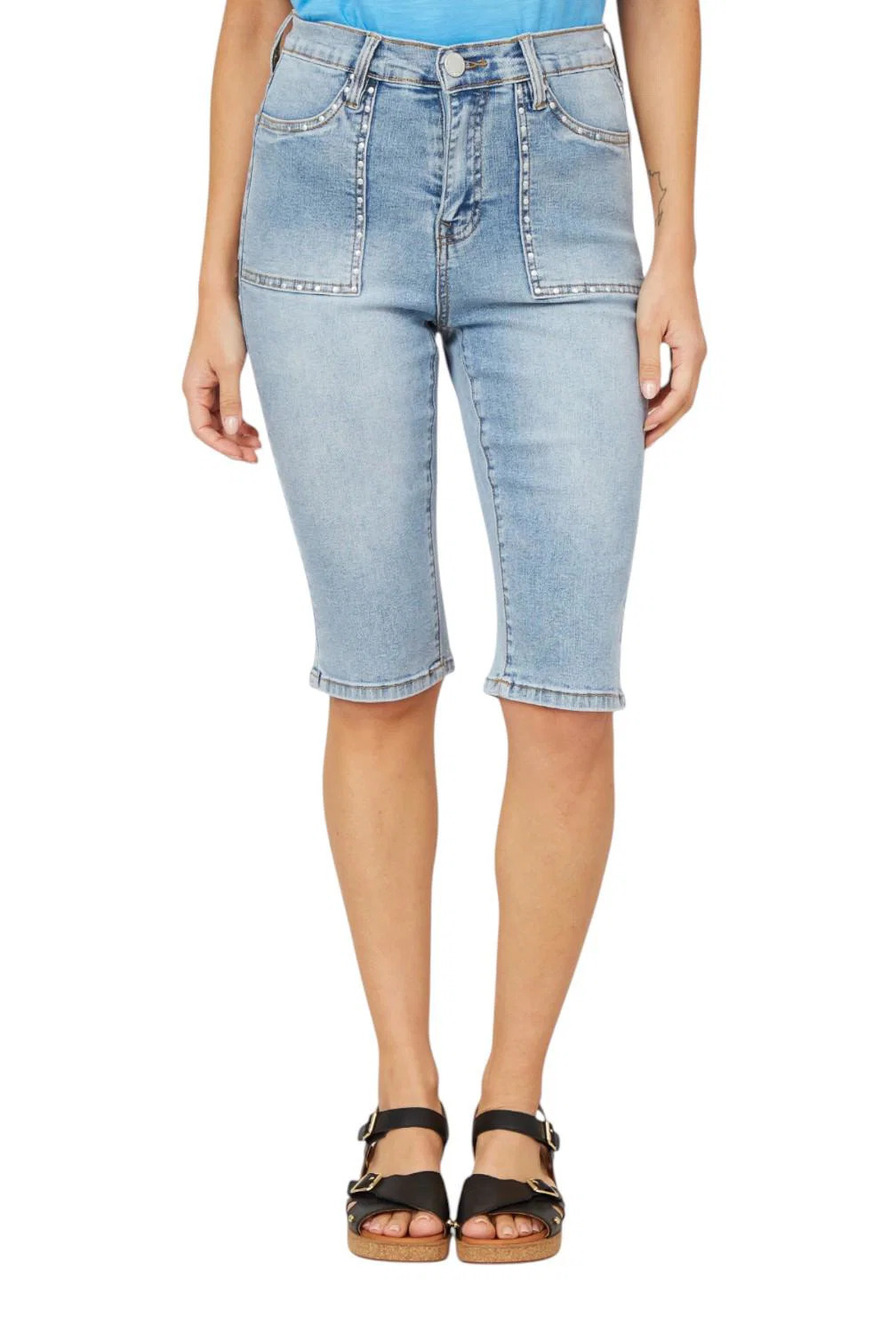 DG2 byDianeGilman Classic Stretch Denim Studded Bermuda Short Chambray - Regular